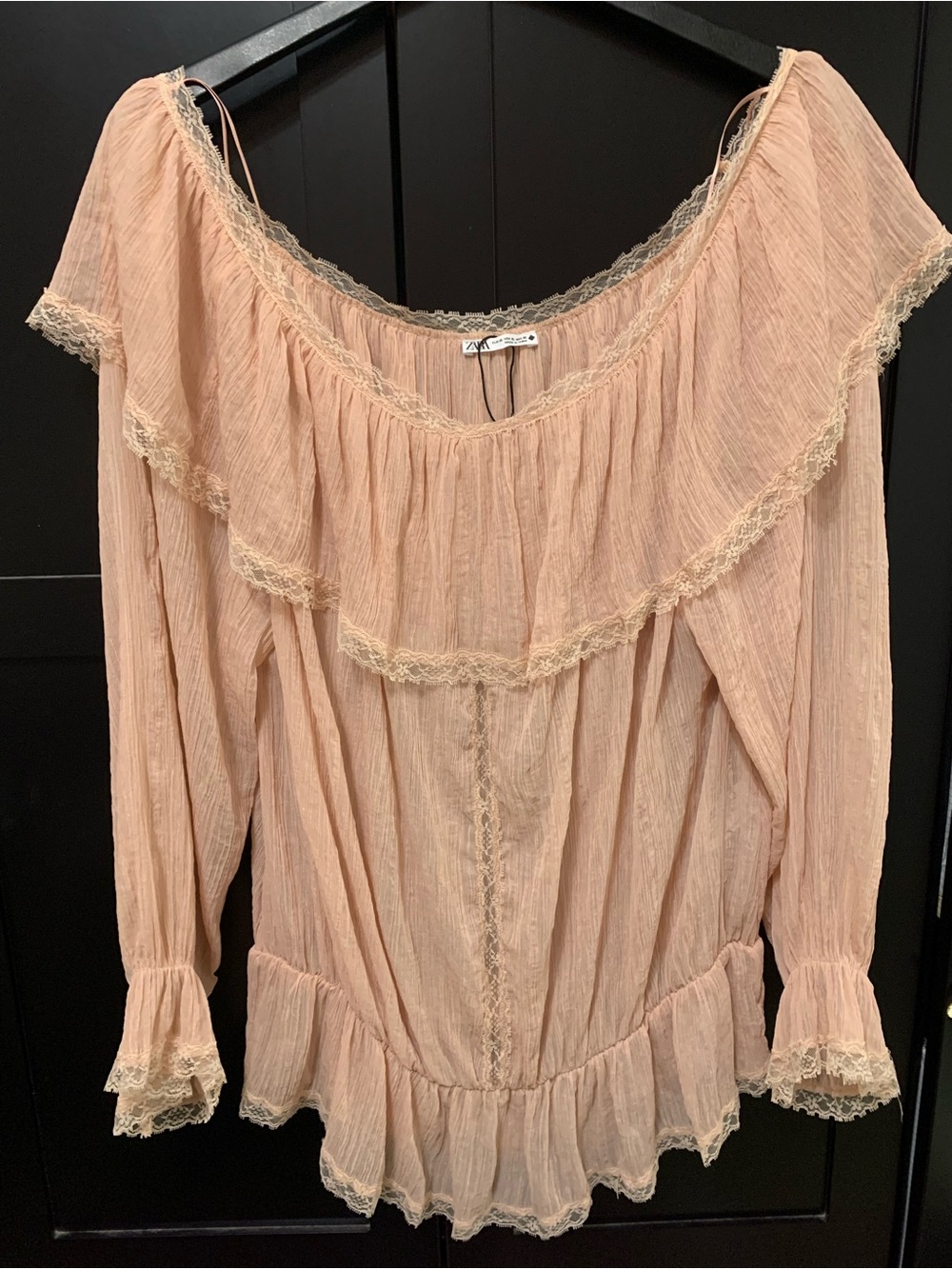 Zara XL Coquette girl Pink Ruffle Off-Shoulder Peasant Top lace frill flowy